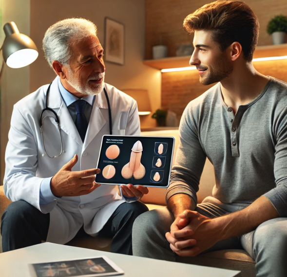 A doctor explaining what is the average age for penile implants to a middle-aged man during a professional consultation about erectile dysfunction solutions