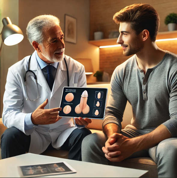 A doctor explaining what is the average age for penile implants to a middle-aged man during a professional consultation about erectile dysfunction solutions