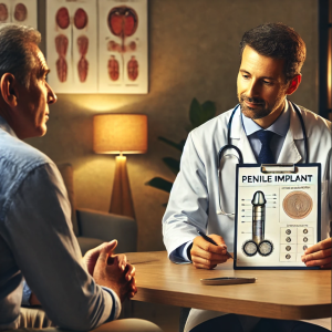 Doctor explaining what is the average age for penile implants to a middle-aged male patient, using diagrams in a professional clinic setting